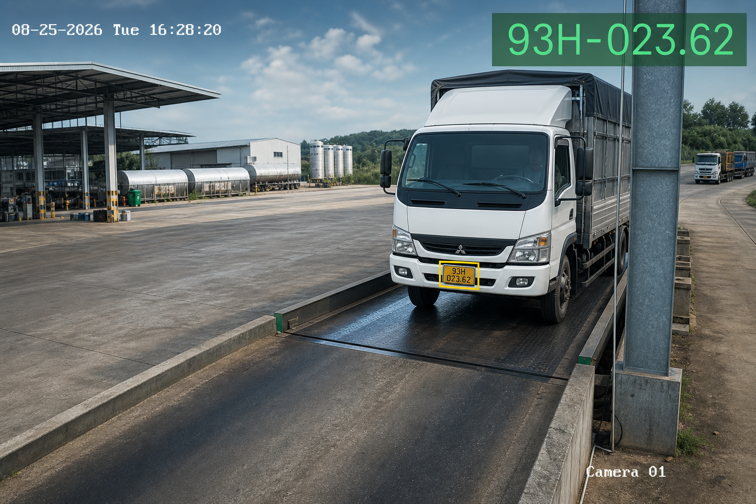 AI Camera — nhận diện biển số xe tại điểm cân Minh họa AI Camera ANPR: xe trên bàn cân, khung nhận diện biển số và overlay biển đã đọc