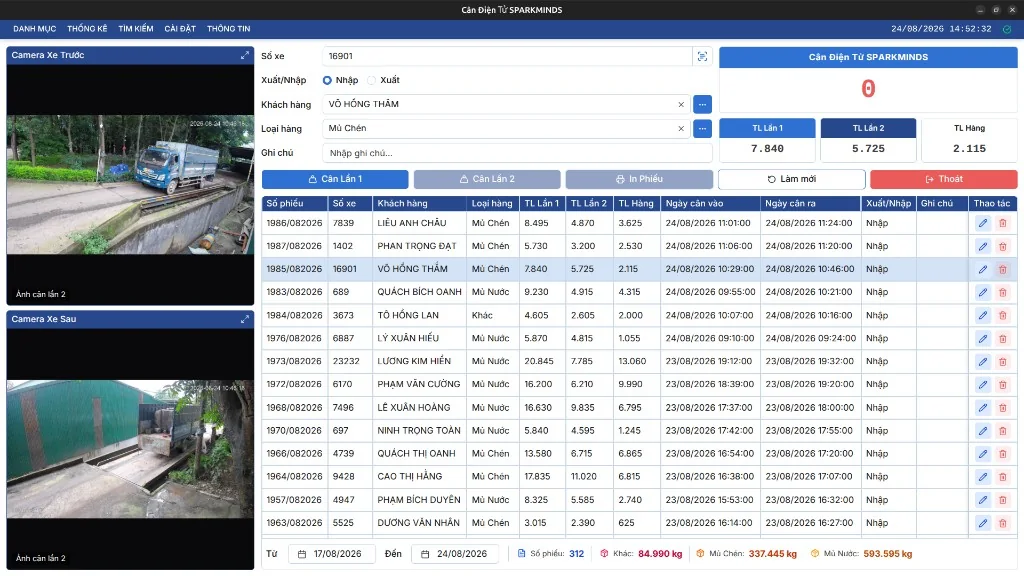 Phần mềm trạm cân điện tử là gì — giao diện thực tế Dashboard phần mềm trạm cân điện tử với phiếu cân, camera và số cân realtime